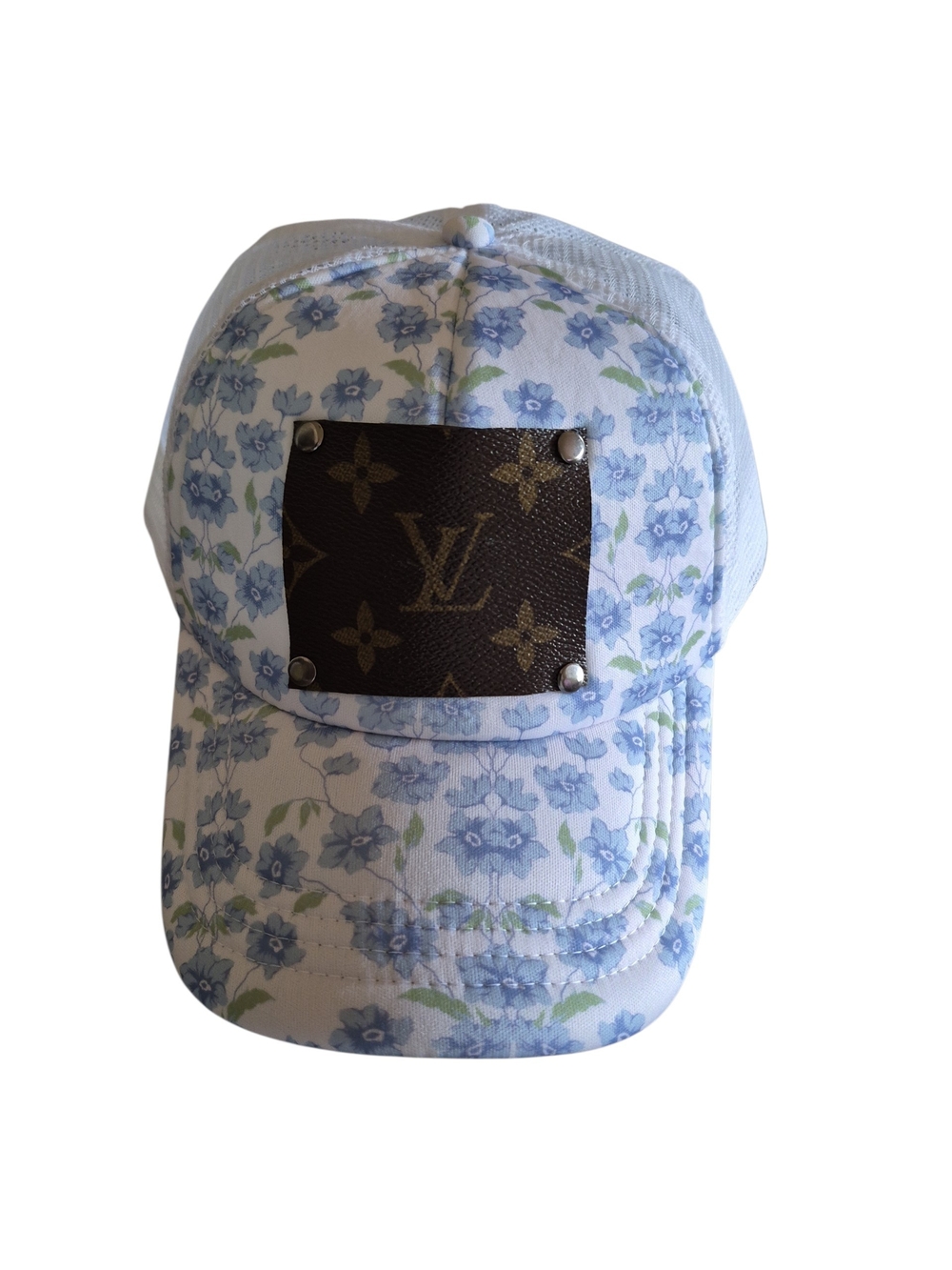 Designer-Inspired Blue Floral Baseball/Trucker Cap with Monogram Patch